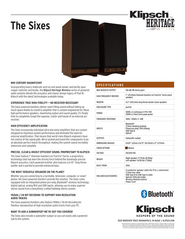 (NA) Vendo Klipsch The Sixes The-Sixes-Spec-Sheet-v01-1