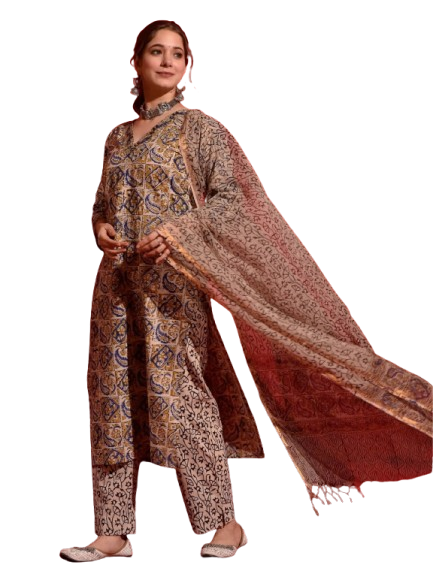 BLUMAIRE Printed Ethnic Wear Kurta Set with Pants & Dupatta for Women | Casual Suit Set | Stylish Ethnic Outfit