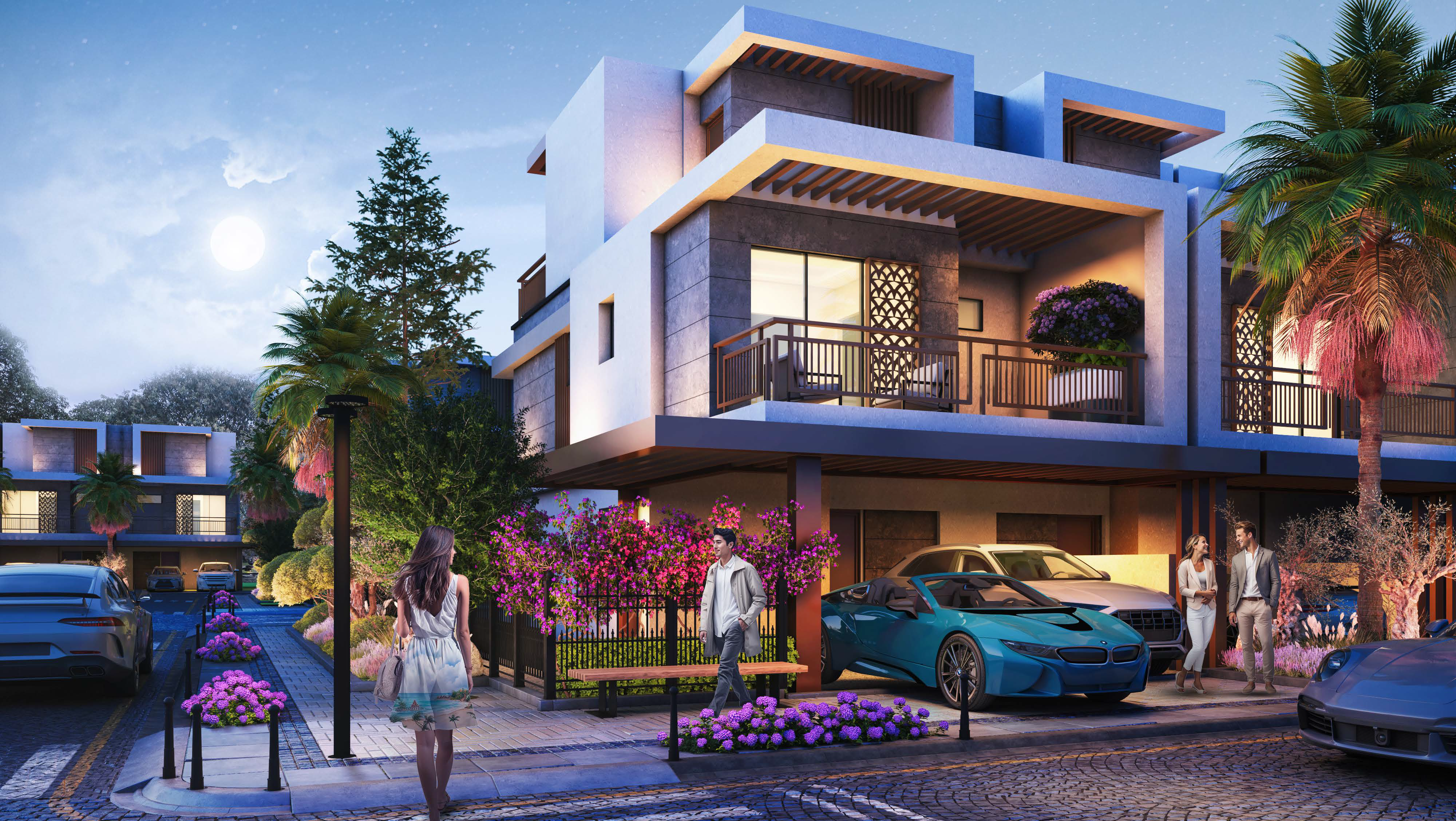 Exterior architectural rendering of Violet 4 townhouses in DAMAC Hills 2 showcasing contemporary community design, landscaped surroundings, and modern residential facades — Violet 4 Distress Deal investment opportunity in Dubai