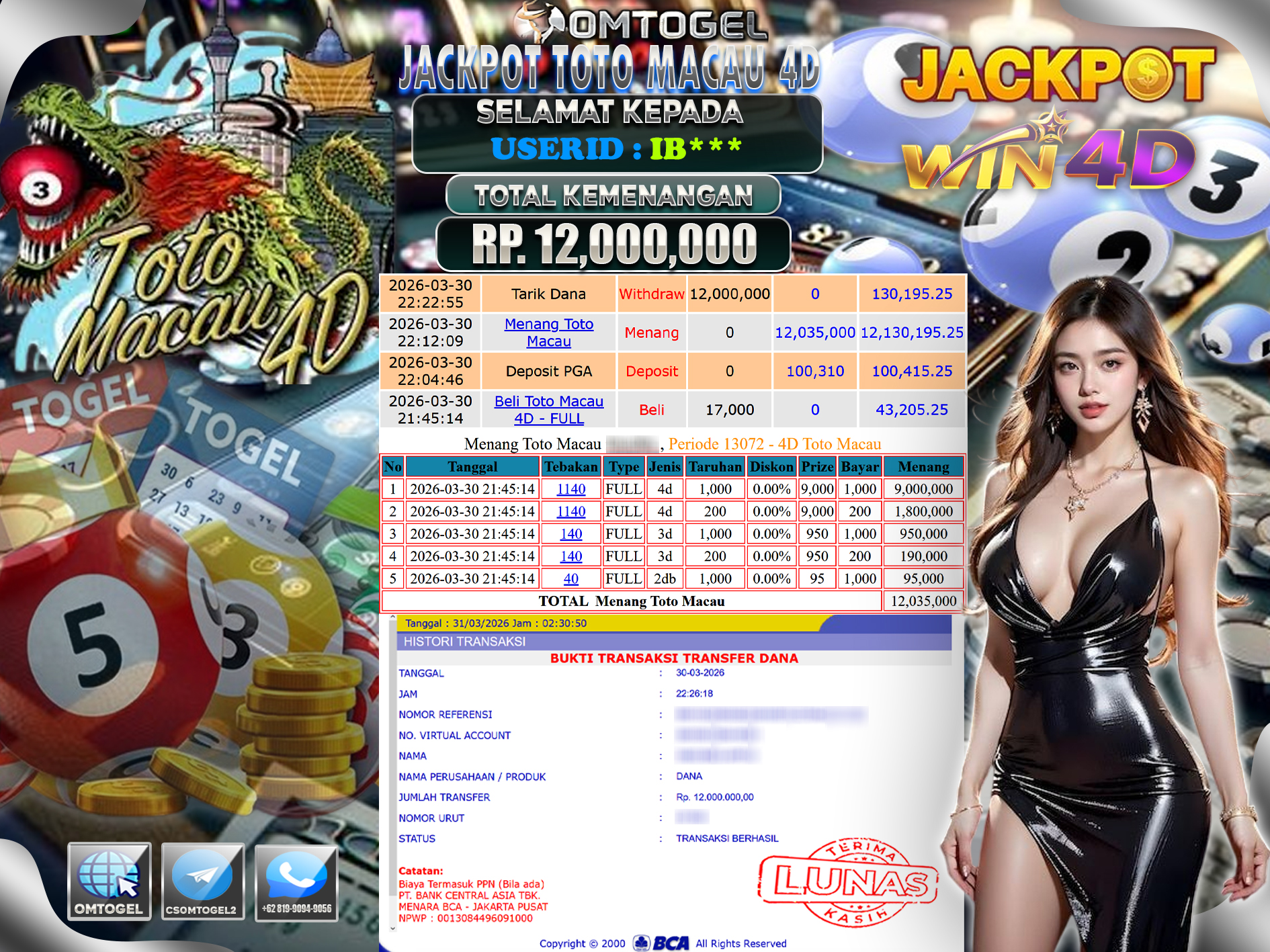 OMTOGEL JACKPOT TOGEL TOTO MACAU 4D , 12 JUTA DI BAYAR LUNAS ,-