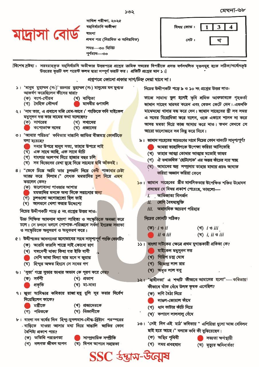 Dakhil বাংলা ১ম পত্র MCQ প্রশ্ন সমাধান ২০২৫ PDF