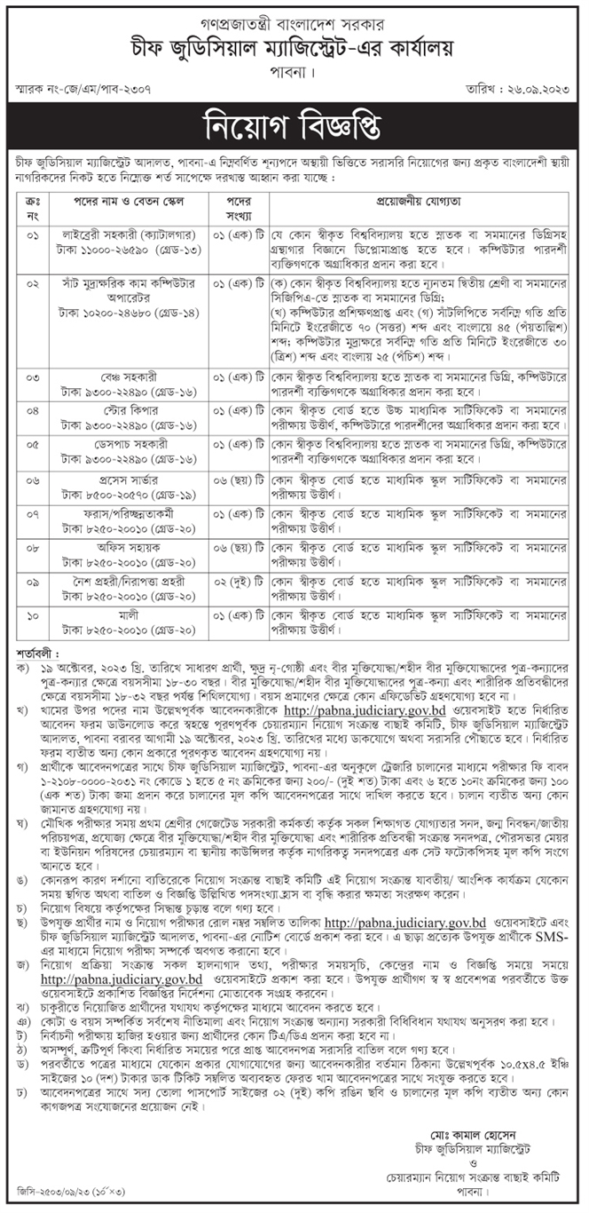 Chief Judicial Magistrate Court Job Circular 2023