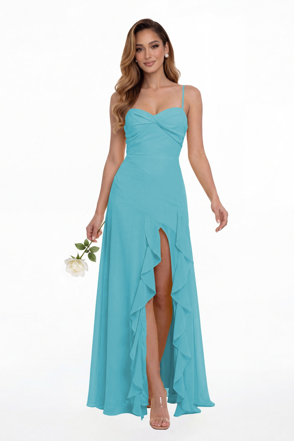 Spaghetti Straps Sweetheart Ruched Chiffon Ruffle Slit Prom Dresses