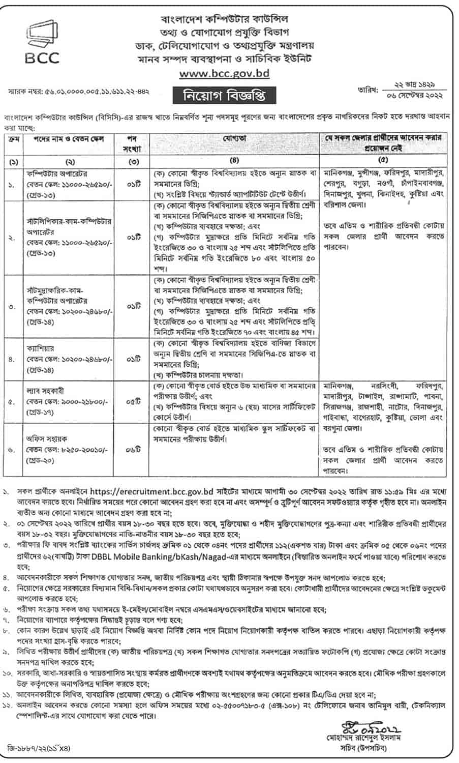 বাংলাদেশ কম্পিউটার কাউন্সিল (বিসিসি) নিয়োগ সার্কুলার 2022