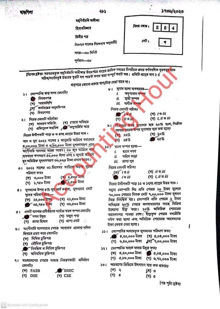 সিলেট বোর্ড এইচএসসি হিসাববিজ্ঞান ২য় পত্র MCQ প্রশ্ন সমাধান ২০২৩