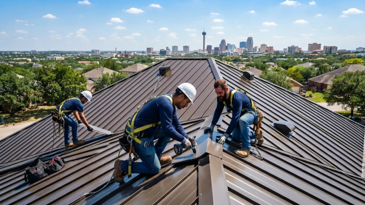 Metal roofing installation crew working on a San Antonio residential roof