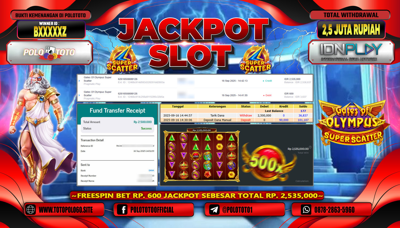 POLOTOTO JACKPOT SLOT GATES OF OLYMPUS SUPER SCATTER Rp.2.500.000,- LUNAS