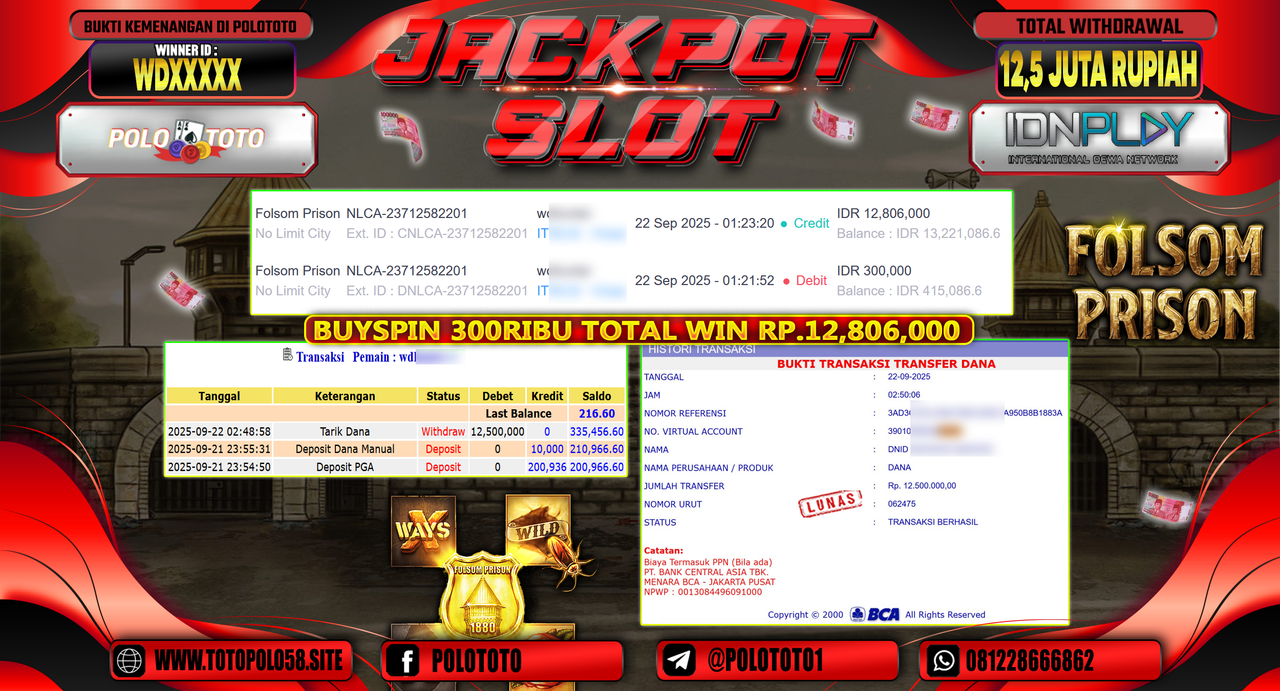 POLOTOTO JACKPOT SLOT FOLSOM PRISON Rp.12.500.000,-