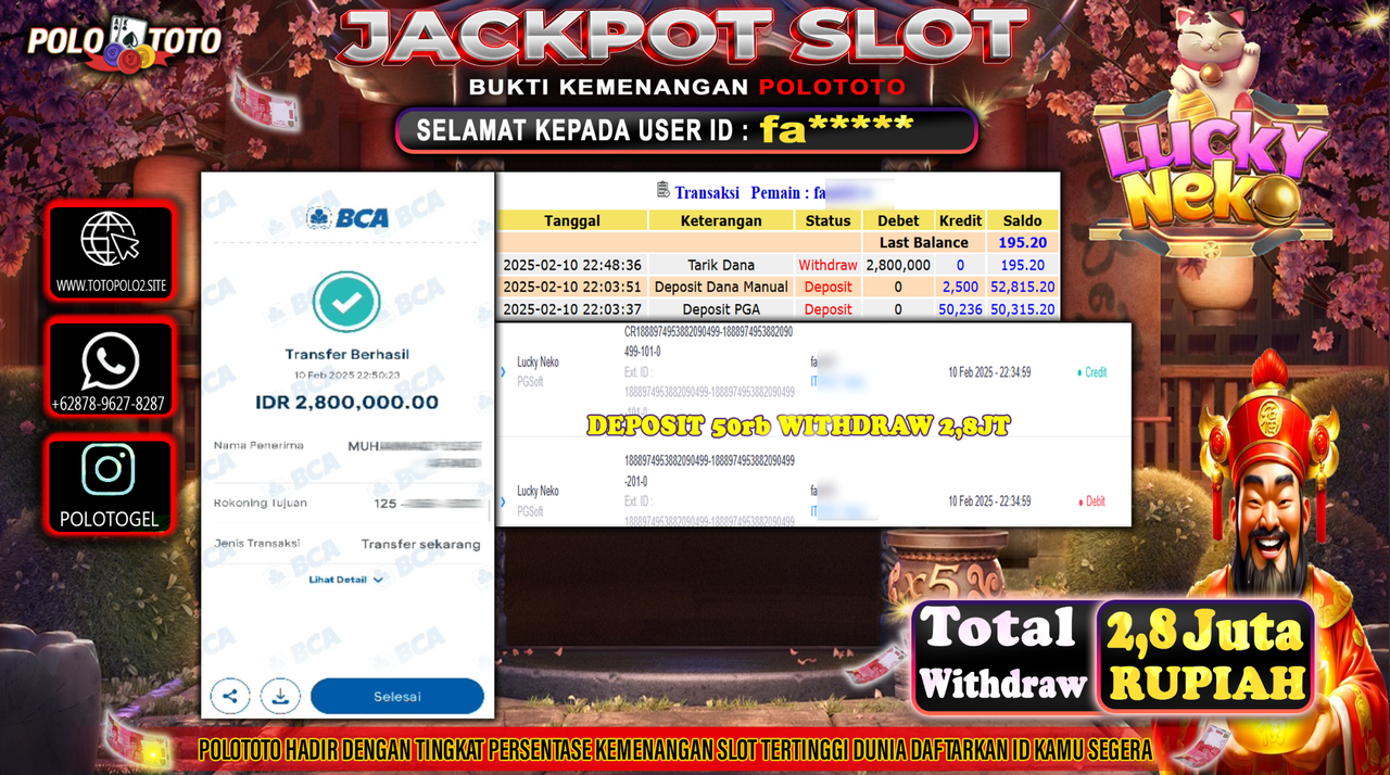 POLOTOTO JACKPOT SLOT LUCKY NEKO Rp.2.800.000,-