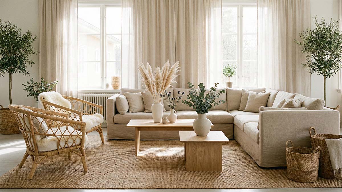 Лаунж-зона в стиле эко-сканди: натуральное дерево, льняной текстиль и спокойные тона.
