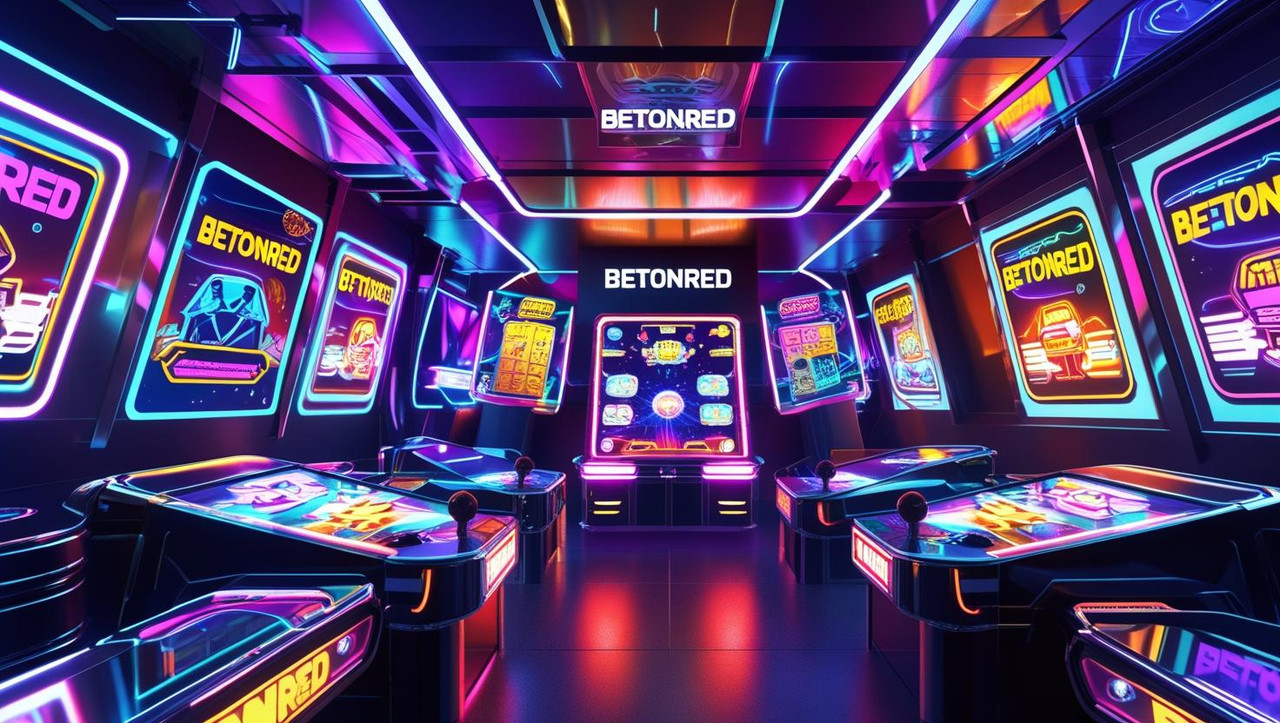 A-creative-digital-arcade-with-colorful-holographic-displays-Beton-Red-branding-visible-on-screens