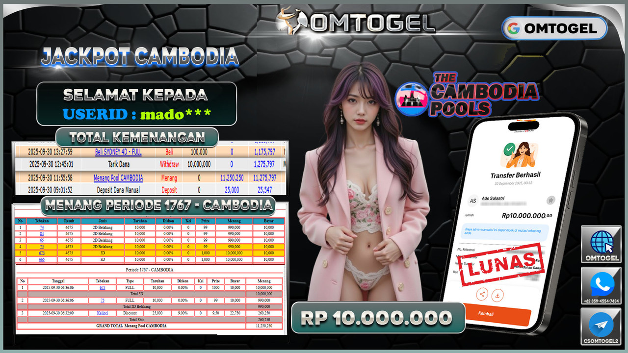 OMTOGEL JACKPOT CAMBODIA 3D 2D 10 JUTA DI BAYAR LUNAS ,-