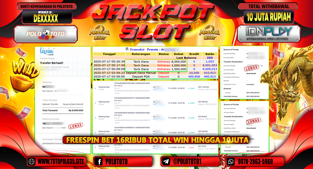 POLOTOTO JACKPOT SLOT MAHJONG WAYS Rp.10.000.000,- LUNAS