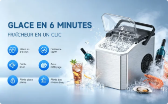Fonctionnement en un clic Panneau de commande intuitif, accessible même aux débutants : ADD WATER (alerte eau manquante) ICE FULL (bac à glaçons plein) POWER / ON-OFF SELECT (choix de la taille de glace : Normal / Transparent) Hublot transparent pour suivre la production en temps réel.