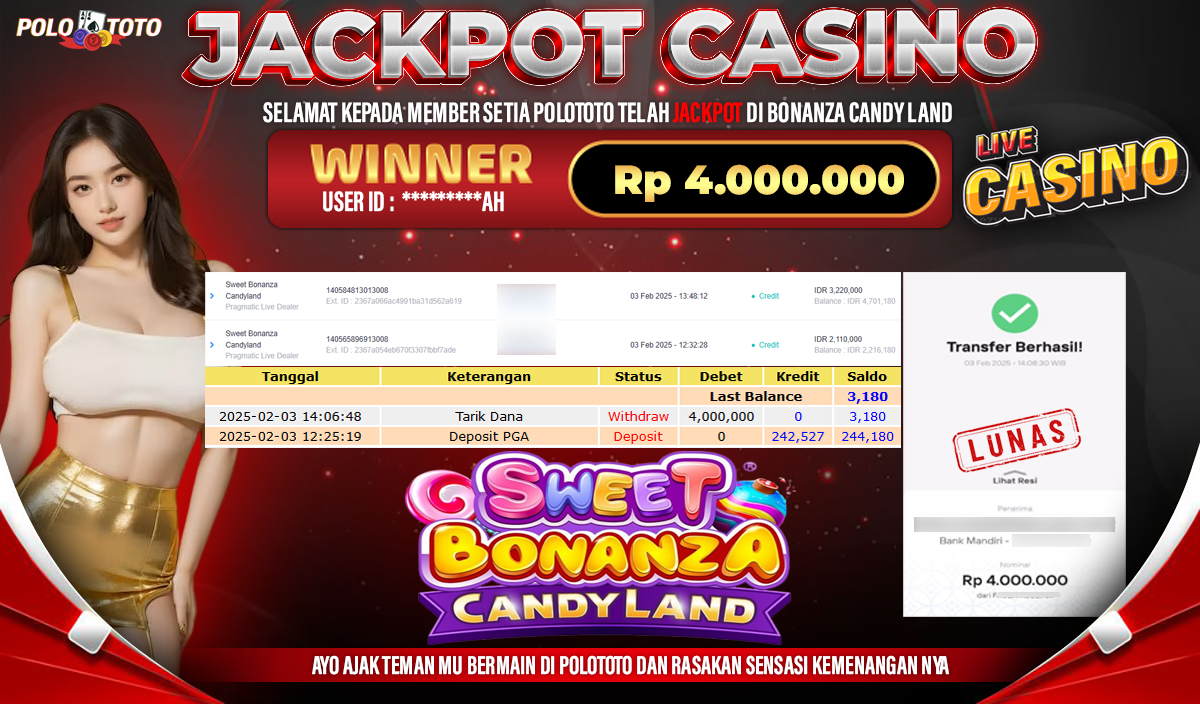 POLOTOTO JACKPOT LIVE CASINO SWEET BONANZA CANDY LAND Rp.4,000.000,-