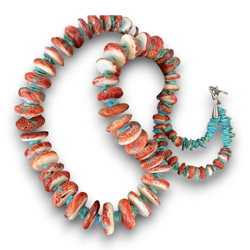 Womens Blue Turquoise & Red Spiny Oyster Navajo Sterling Silver Necklace 00114