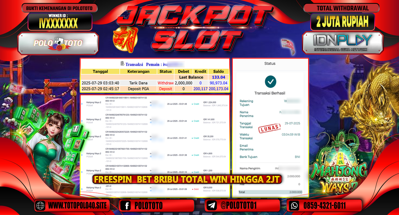 POLOTOTO JACKPOT SLOT MAHJONG WAYS 2 Rp.2.000.000,-LUNAS