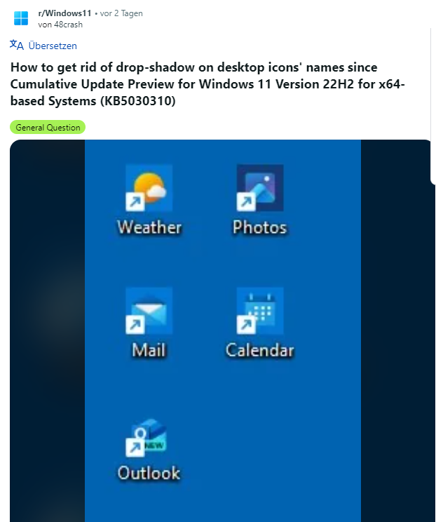 Windows 11 22H2 desktop icon titles with drop shadows