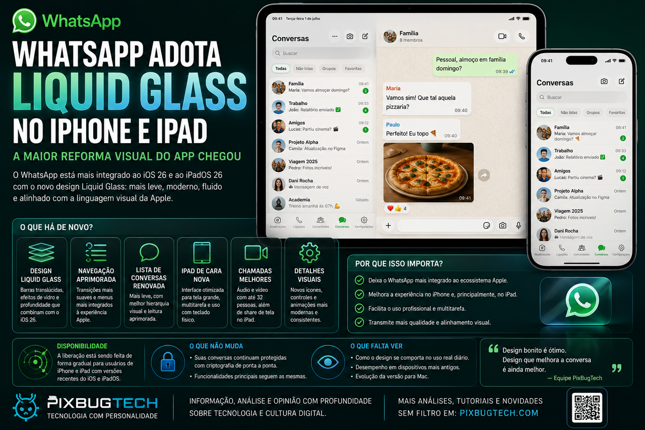 WhatsApp adota Liquid Glass no iPhone e iPad: a reforma visual que parece pequena, mas reposiciona o app no ecossistema Apple