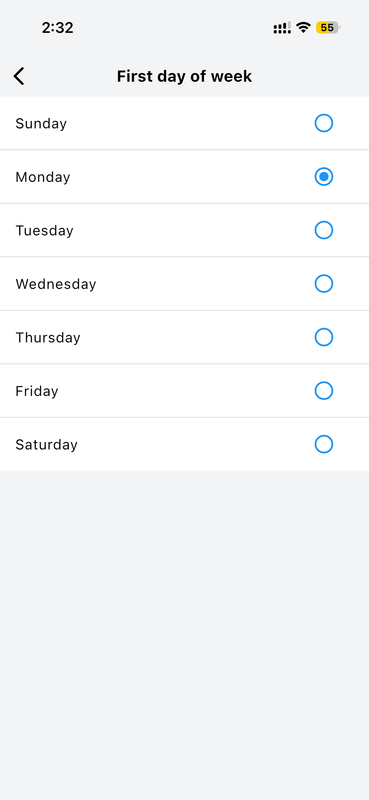First Day of Week Setting