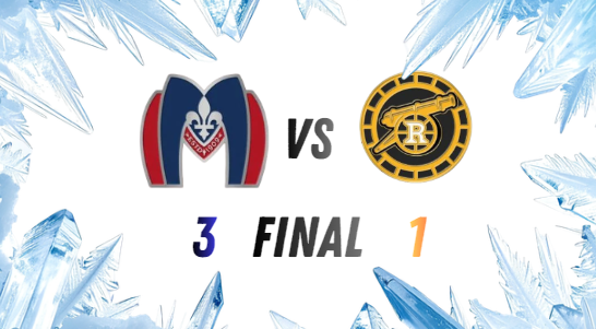Image bordered in cracked ice. First line inside has the Montreal Metros logo, followed by versus, and then the Boston Raiders logo. On the second line under the Metros logo is the number 3, then the word final, then the number 1 under the Raider's logo. End image.