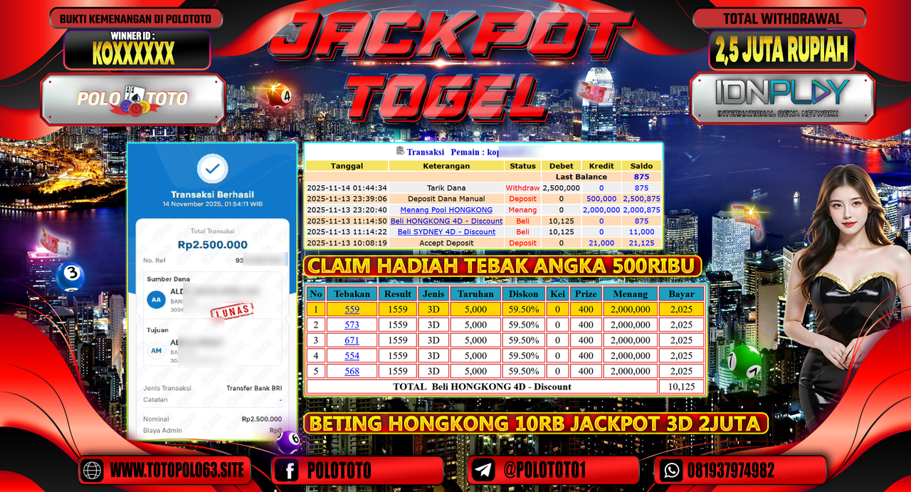 POLOTOTO JACKPOT MENANG TOGEL HONGKONG LOTTO Rp.2.500.000,- LUNAS