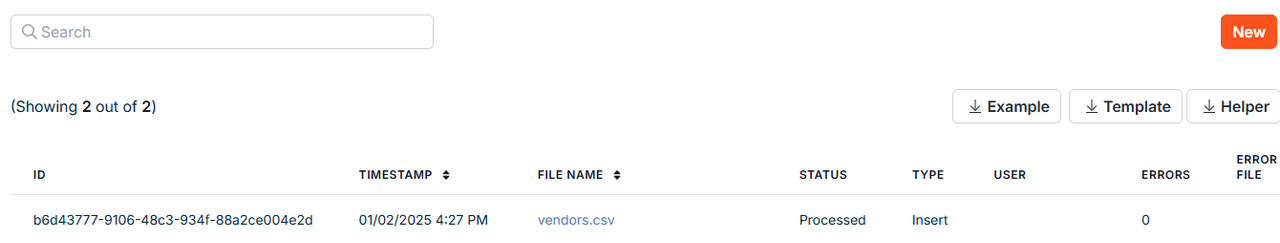 The resulting page will show the processing status of the Insert file you've provided along with past Insert requests.