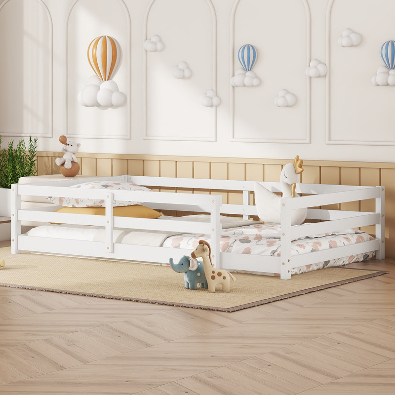 Montessori White Wood Twin Floor Bed with Metal Fence - Picture 3 of 8