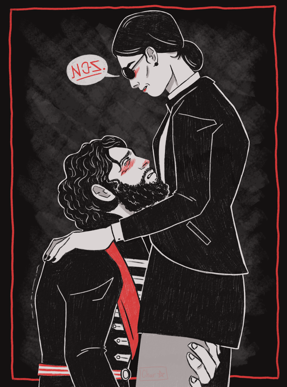 A digital drawing of Ray Toro and The Secretary from Long Live the Black Parade. Ray, on his knees, looks up at The Secretary with a pitiful, blushing expression. She looks down at him, a hand on his shoulder, looking irritated. In Keposhka, she tells him to beg.