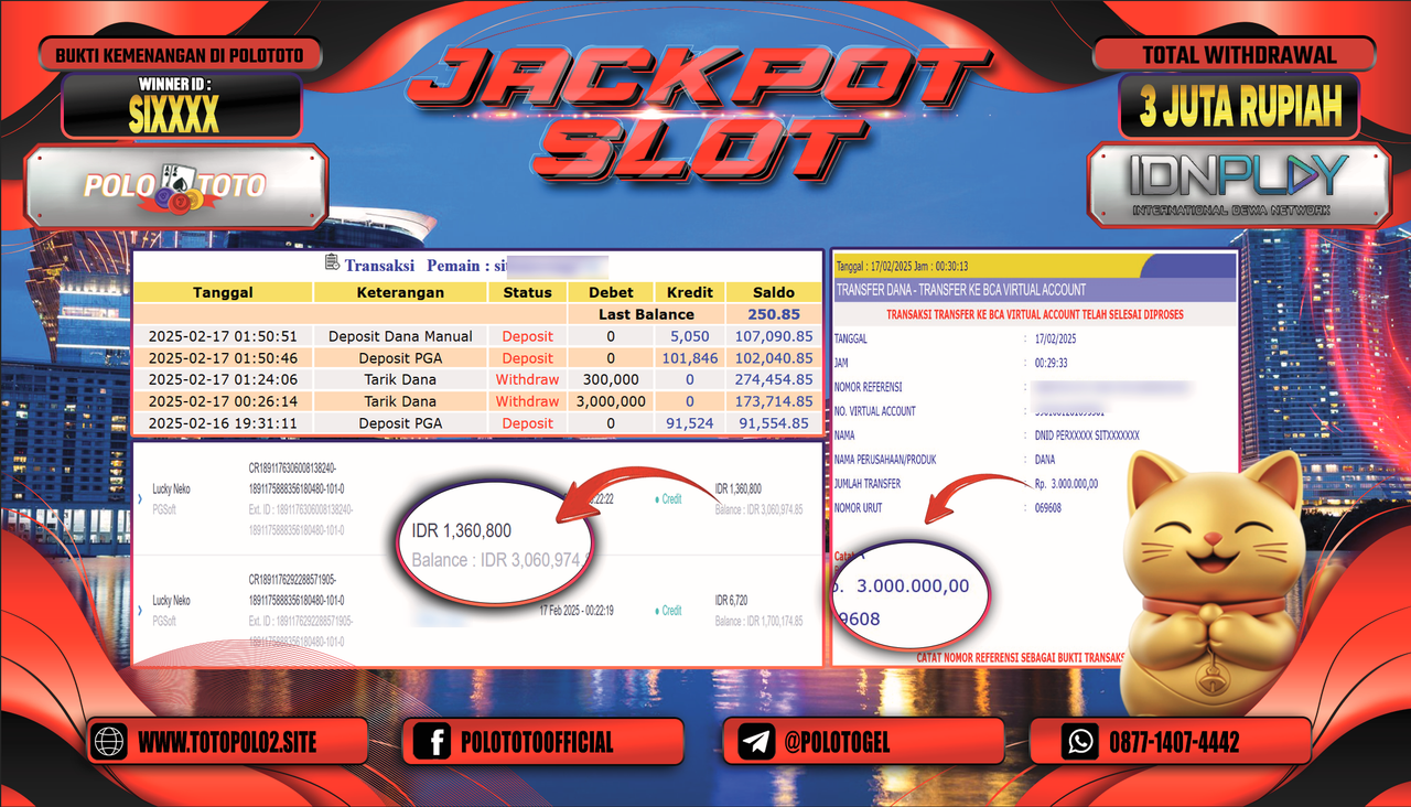 POLOTOTO JACKPOT SLOT LUCKY NEKO Rp.3.000.000,-