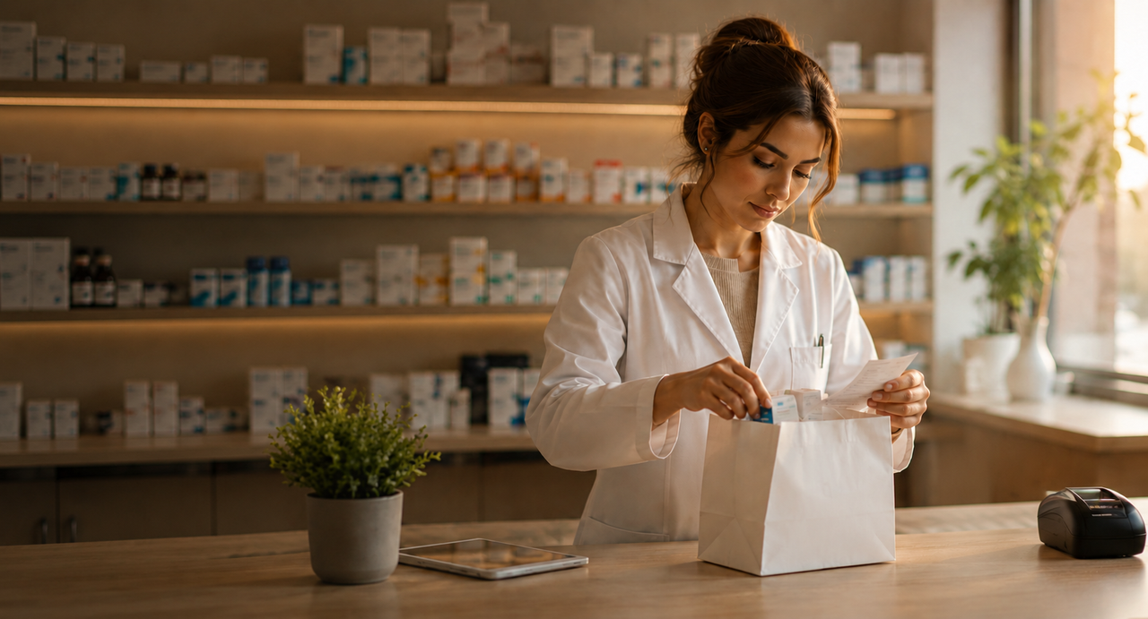 Farmacéutica preparando un pedido