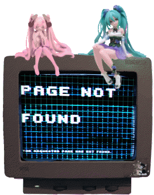 A CRT computer monitor reading 'Page Not Found'. Two miku figures sit on top of it.