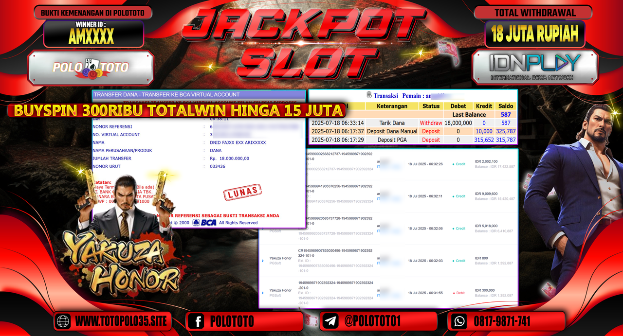 POLOTOTO JACKPOT SLOT YAKUZA HONOR Rp.18.000.000,- LUNAS