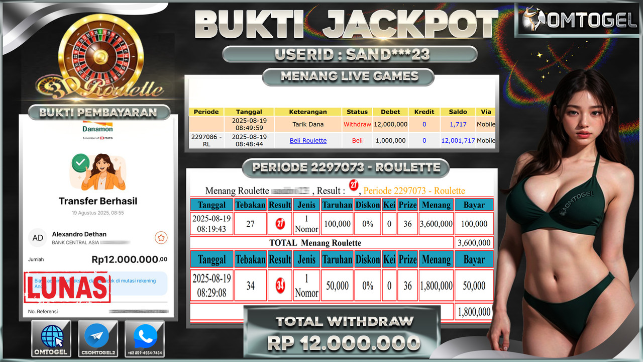 OMTOGEL JACKPOT LIVE GAMES ROULETTE 12 JUTA DI BAYAR LUNAS ,-