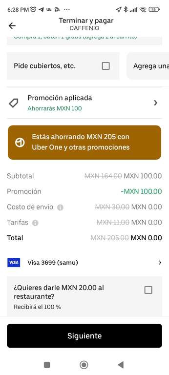 Uber Eats: Café Gratis caffenio, UBER ONE | Descuento de 100 pesos en compra de 150, combinada con el 2x1 
