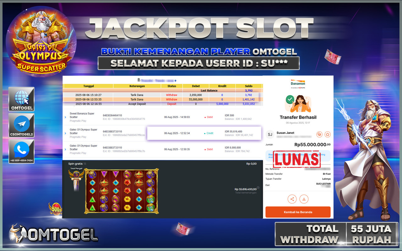 OMTOGEL JACKPOT PRAGMATIC PLAY GATES OF OLYMPUS SUPER SCATTER 55 JUTA DI BAYAR LUNAS ,-