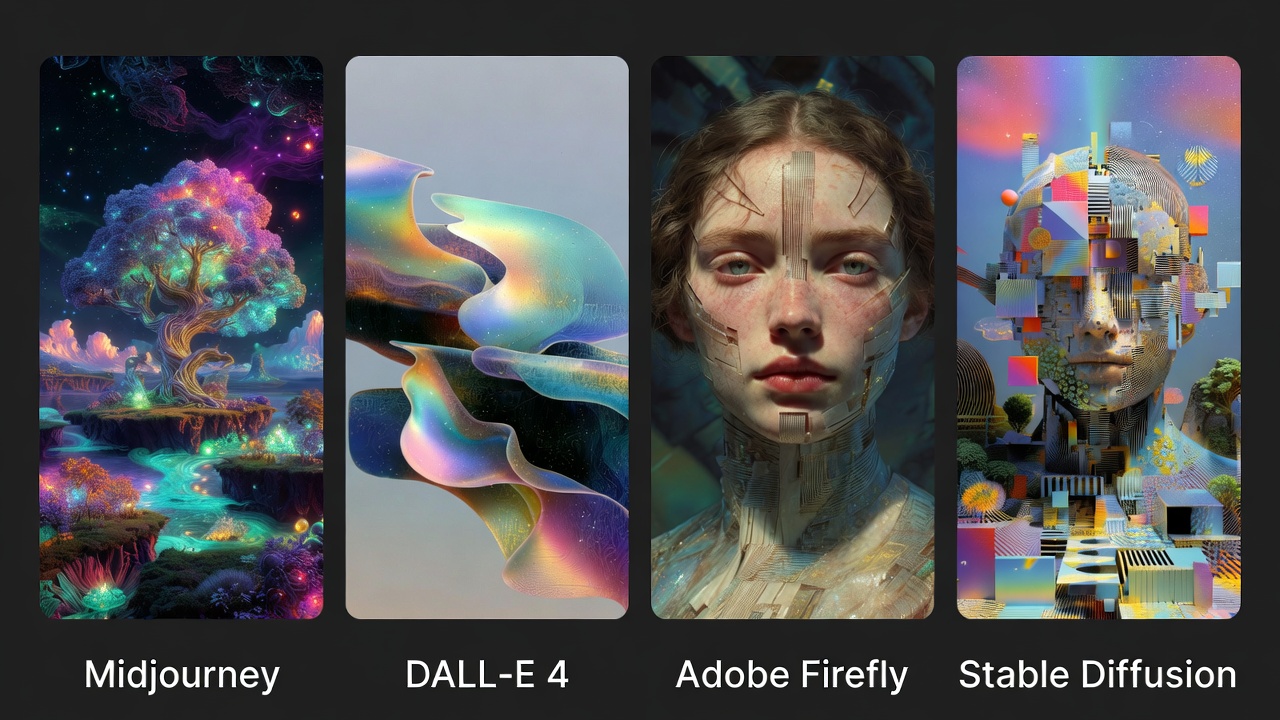 Side-by-side comparison of AI-generated images from top tools including Midjourney, DALL-E 4, Adobe Firefly, and Stable Diffusion