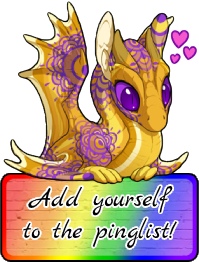 The top half of a Spiral Hatchling with their color and gene combination resembling the Intersex pride flag. They look like they are holding the image below them, which is a rectangular rainbow button that says Add yourself to the pinglist! Clicking it will take you to a google form