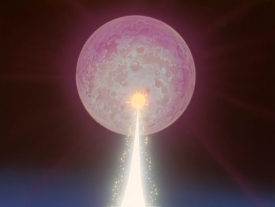 A screenshot from the 1998 anime of a giant beam of energy shooting straight up towards one of Gunsmoke's moons, blowing a sizeable crater in it.