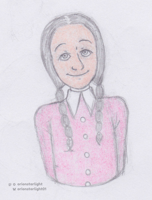 My drawing of Wednesday Addams from the 1972 The New Scooby Doo Movies: Wednesday is Missing. She is wearing a pink dress.