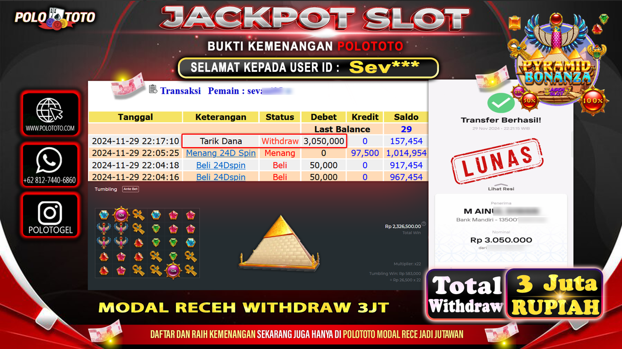POLOTOTO JACKPOT SLOT PYRAMID BONANZA Rp.3,050.000,-