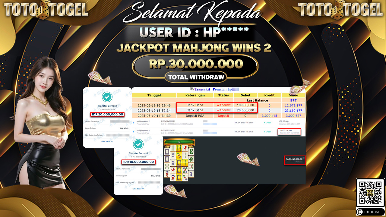 Bukti Pembayaran Jackpot Permainan Slot Mahjong Wins 2 ID:HP***** LUNAS