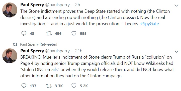 The Stone indictment proves the Deep State started with nothing (the Clinton dossier) and are ending up with nothing (the Clinton dossier). Now the real investigation -- and in a just world, the prosecution -- begins. #SpyGate