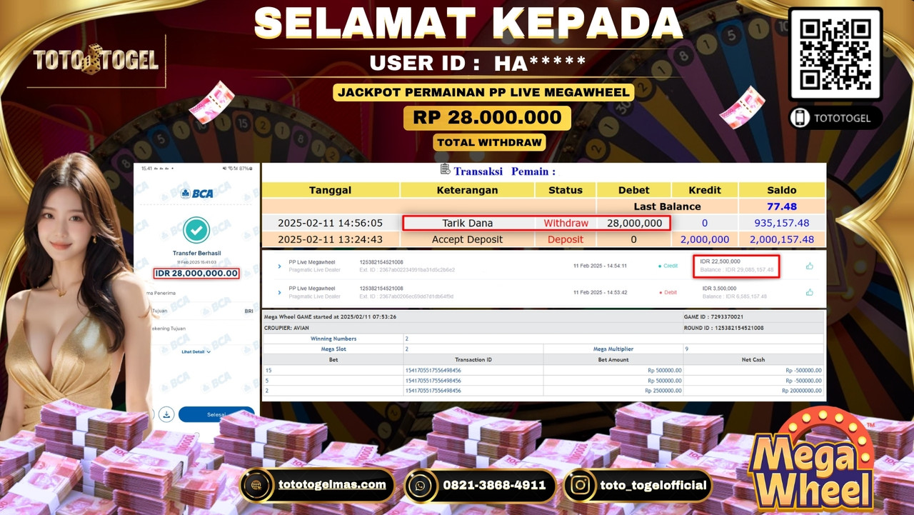 Bukti Pembayaran Jackpot  Permainan Pp Live Megawheel  ID:HA*****  LUNAS