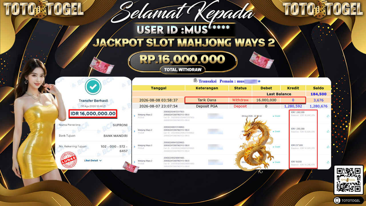 Bukti Pembayaran Jackpot SLOT MAHJONG WAYS 2 ID:MUS**** LUNAS