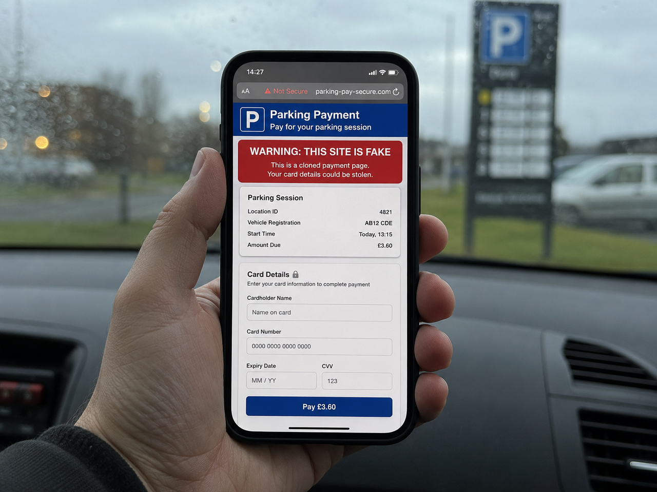 Cloned parking payment website asking for card details and personal information