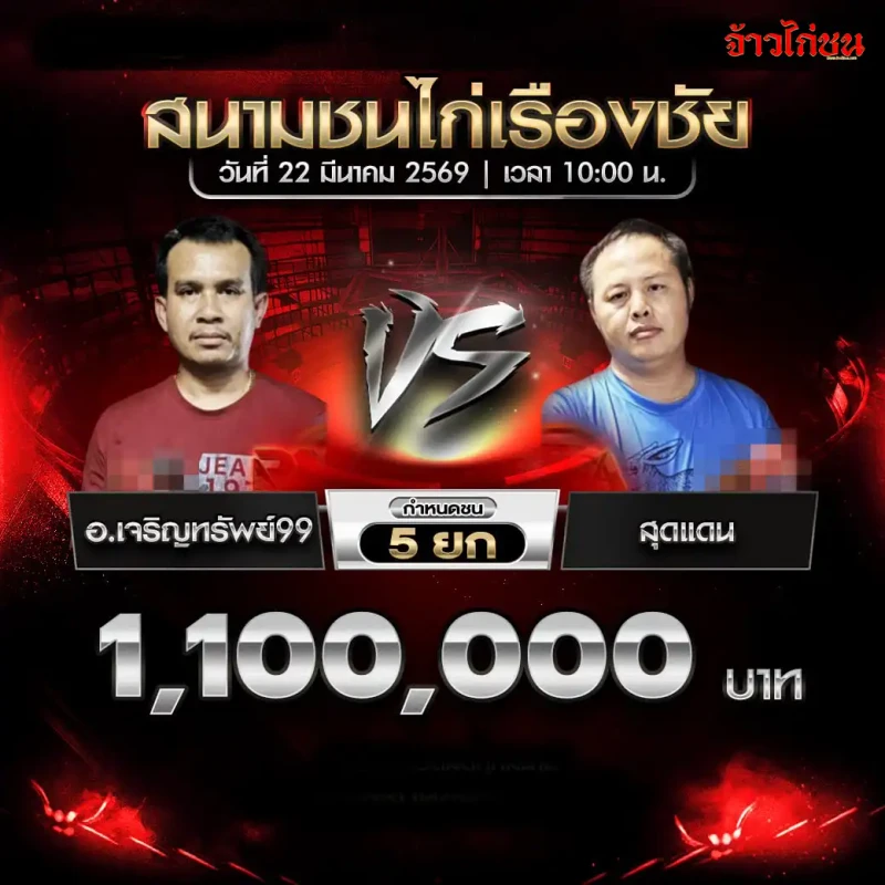 อ.เจริญทรัพย์99 vs สุดแดน โปรแกรมไก่ชน สนามชนไก่เรืองชัย