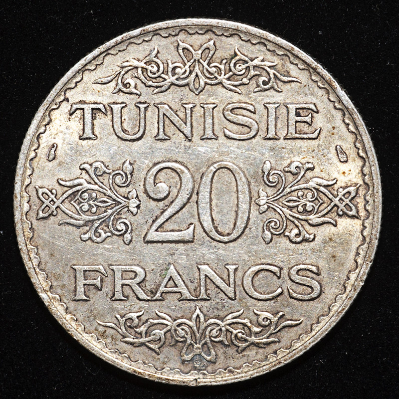 20 francos Túnez. Bey Ahmed II (Protectorado Francés) 1934. PAS6588