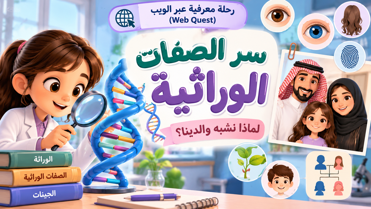 رسم تعليمي يوضح مفهوم الوراثة والتشابه العائلي، ويضم عالمة صغيرة وحمض DNA وصورة أسرة.