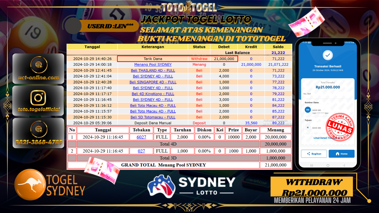Bukti Pembayaran Permainan  Jackpot Togel Lotto Sydney ID : LEN*** LUNAS